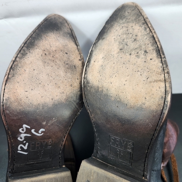 Frye Billy Cross Stitch Short Cowboy Western Heeled Booties Black/Brown 7 1/2 B - Picture 12 of 16